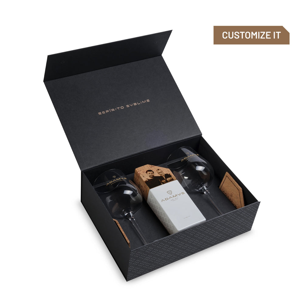 Customized Gift Box Pack - 1 Customized Adamus Organic Dry Gin 70cl, 2 Adamus Glasses & 2 Cork Coasters